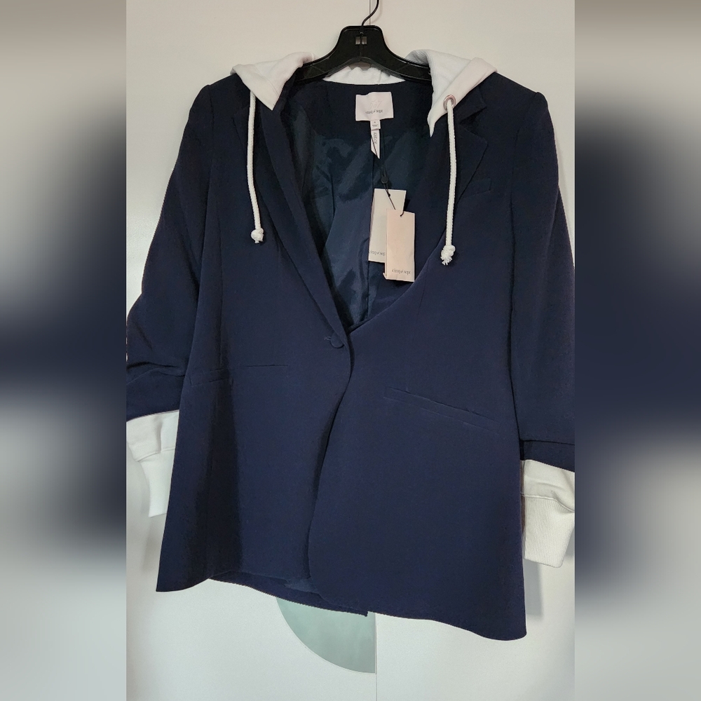 Cinq à Sept Dark Blue Blazer with White Hoodie Accent
